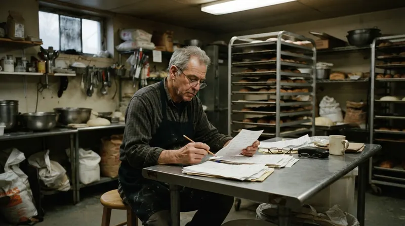 A man in an apron going through invoices at a steel table in a bakery back room