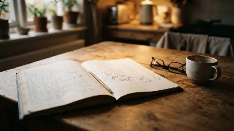 An open ledger with handwritten columns, a pencil and reading glasses on a kitchen table under a lamp
