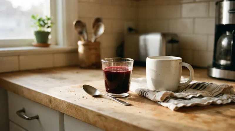 A small glass of dark red liquid and a tablespoon on a kitchen counter