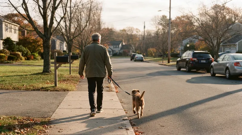 A man in his sixties walking a dog along a quiet suburban street