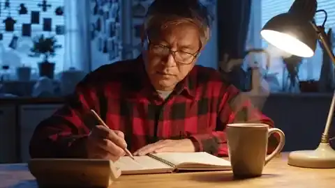 A man at his kitchen table with a ledger and a calculator, looking up from the page toward a dark window